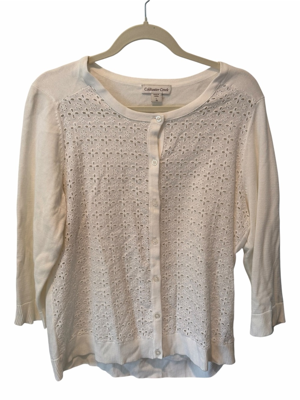 Coldwater Creek White Eyelet Cardigan Sweater 3/4 Sleeve Large 14